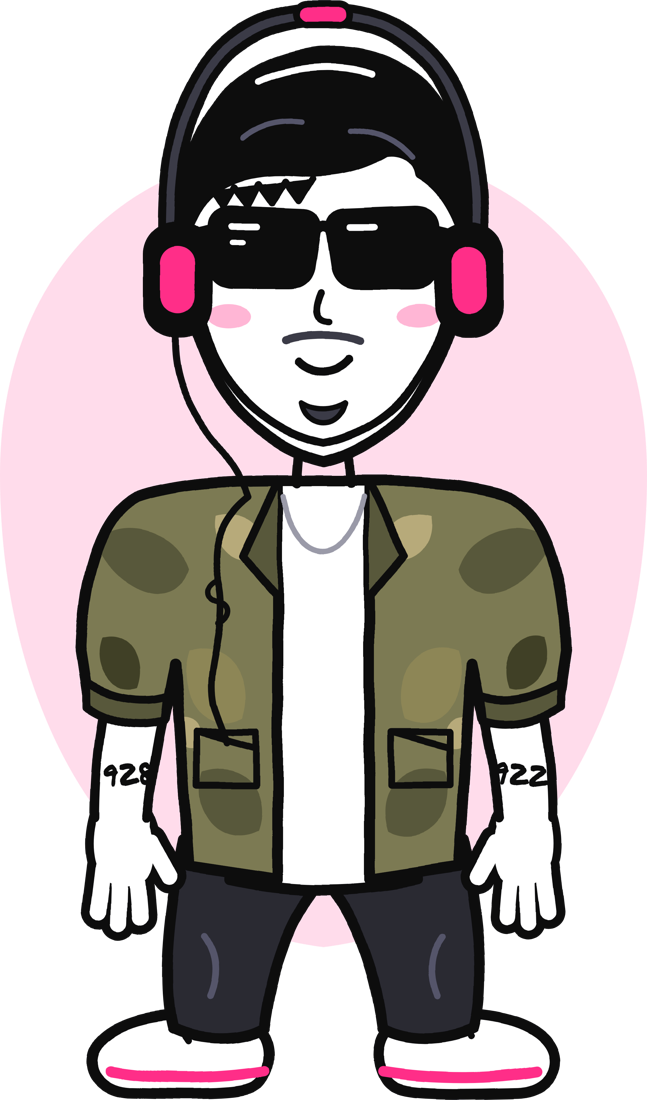 Cartoon de Joel Tejera con cascos, gafas de sol y cazadora militar