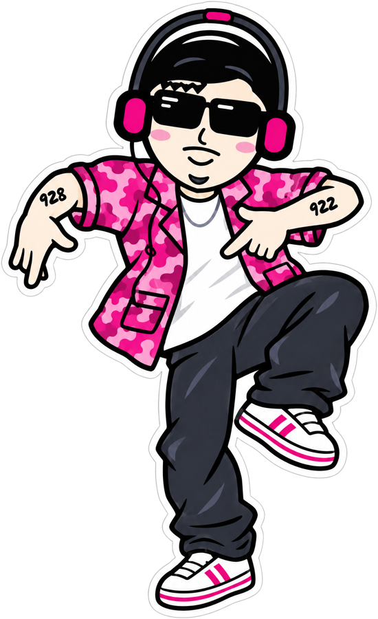 Cartoon de Joel bailando con chaqueta de camuflaje rosa